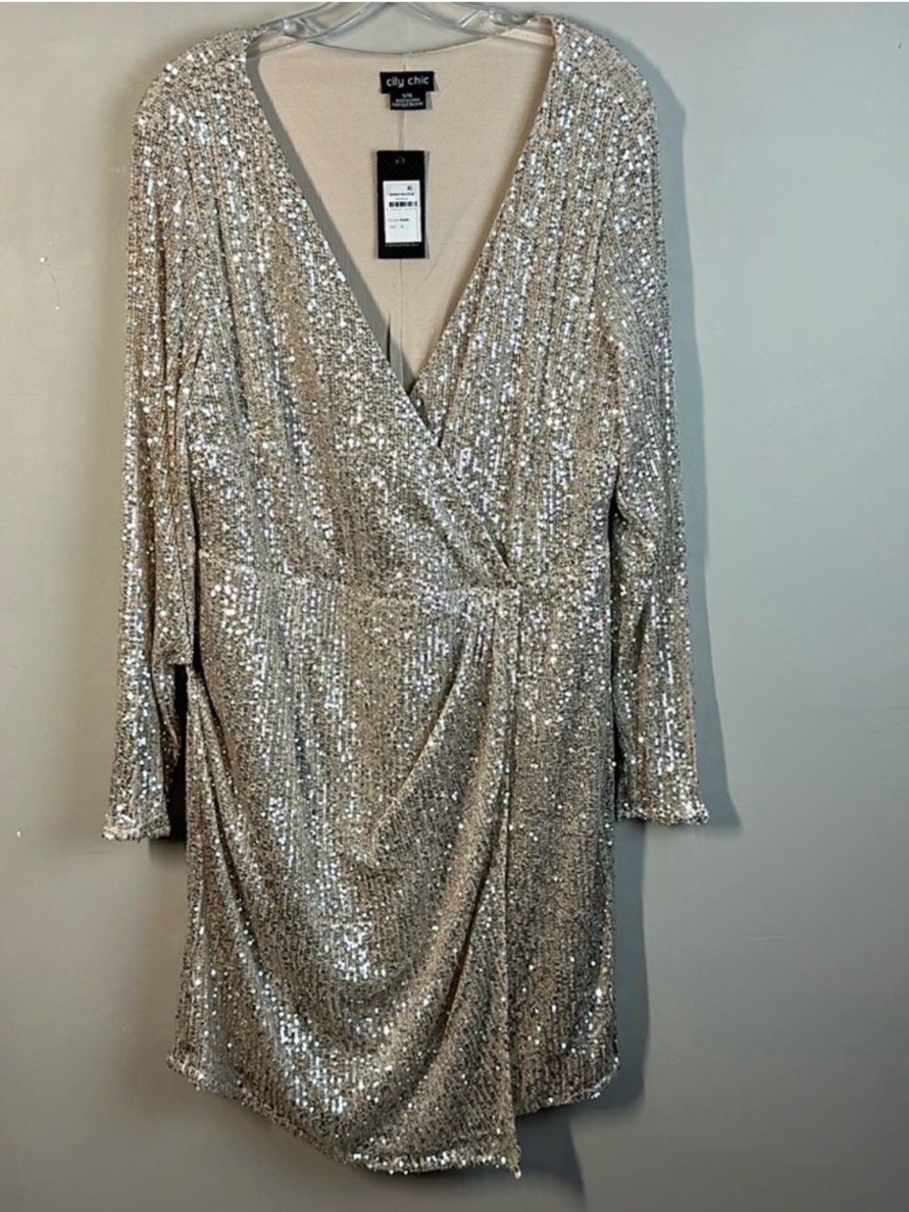 City Chic Champagne Sequin Wrap Dress - Picture 3 of 11